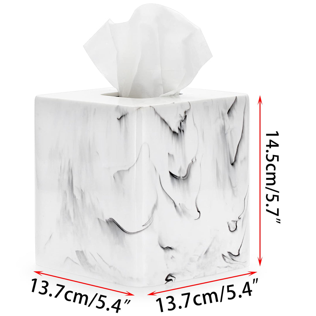Resin Square Tissue Box Cover - Stylish Cube Tissue Box Holder with Open Bottom, Decorative Tissue Holder for Bathroom Vainty Toilet Dresser Desk Table Kitchen Countertop, Marble White