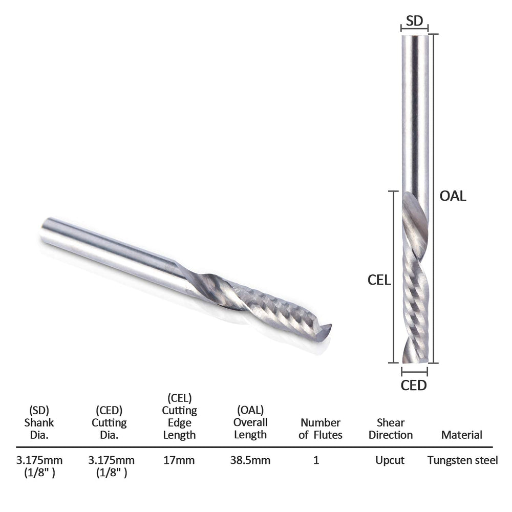 1/8 Shank CNC Router Bits Inch Shank 3.175mm End Mill Single Flute Spiral Router Bit Milling Cutter Upcut Cutting Engraving Single Edged Acrylic Plastic MDF 10 Pack
