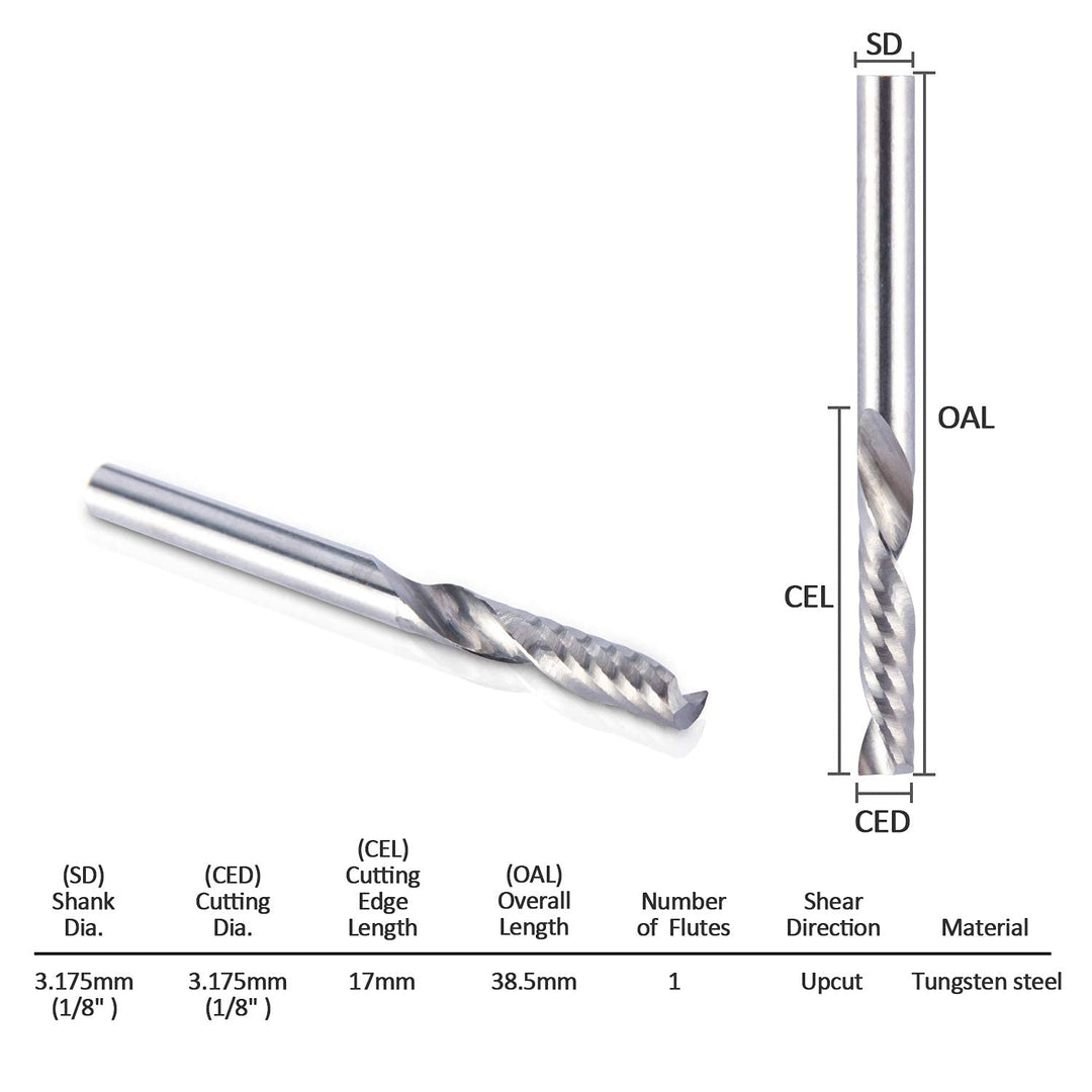 1/8 Shank CNC Router Bits Inch Shank 3.175mm End Mill Single Flute Spiral Router Bit Milling Cutter Upcut Cutting Engraving Single Edged Acrylic Plastic MDF 10 Pack