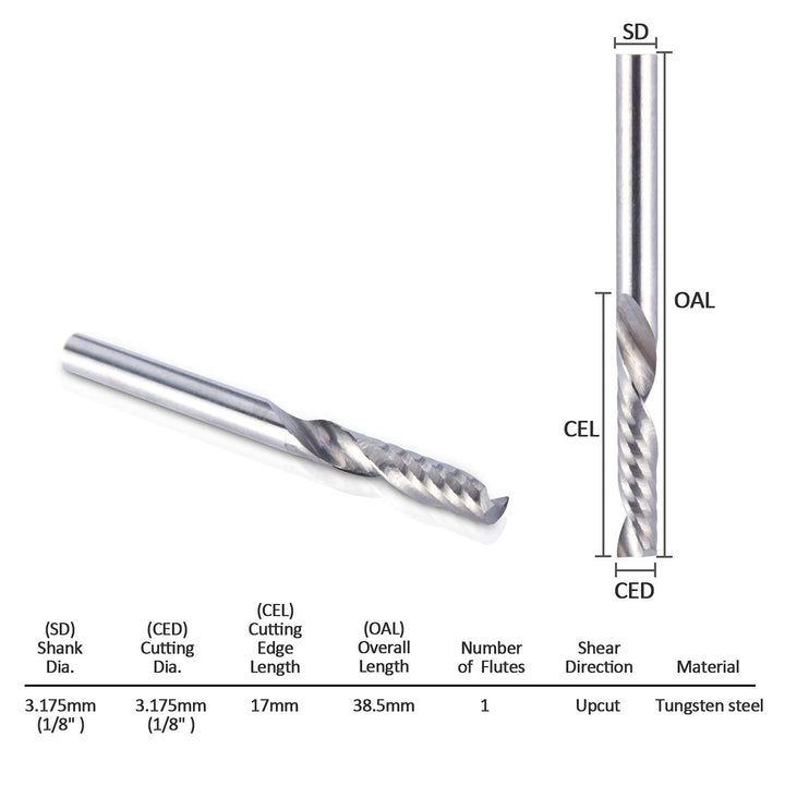 1/8 Shank CNC Router Bits Inch Shank 3.175mm End Mill Single Flute Spiral Router Bit Milling Cutter Upcut Cutting Engraving Single Edged Acrylic Plastic MDF 10 Pack