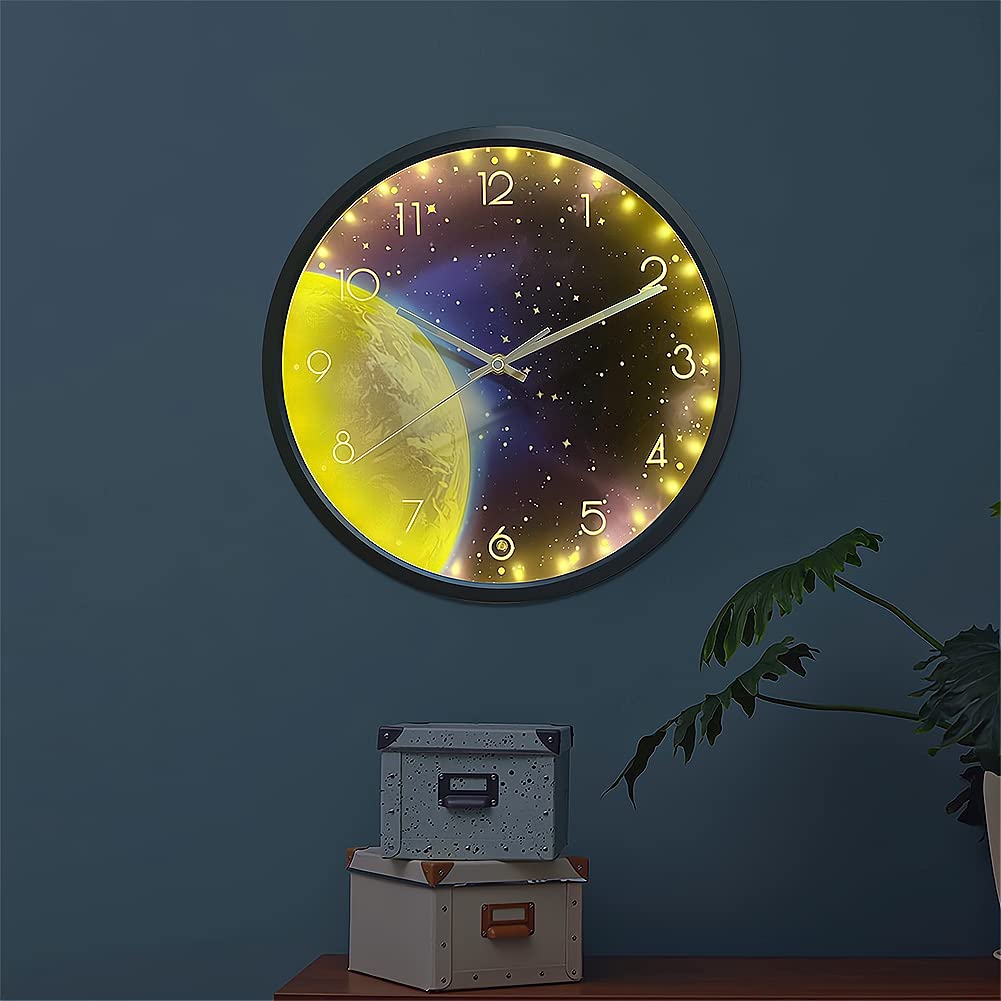 Night Light Wall Clock for Bedroom, 12 Inch Silent Battery-Operated Wall Clocks for Home, Living Room,Kitchen, Large Digital DisplayGlow in The Dark Kids Room Décor-Earth