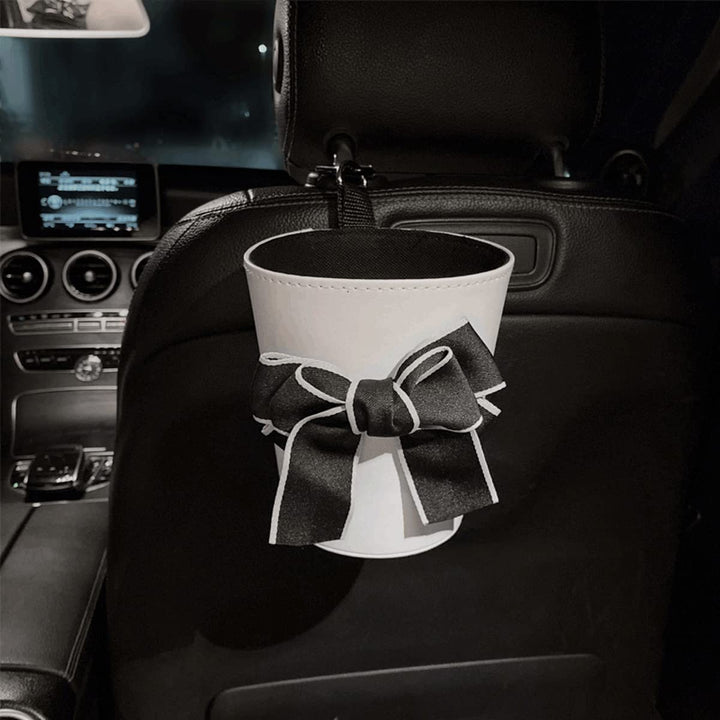 Car Trash Can Cute Accessories For Women Superior PU Leather Flower Art Organizer Gifts girl Bag Hanging Garbage Essentials Bin Carcan (Black)