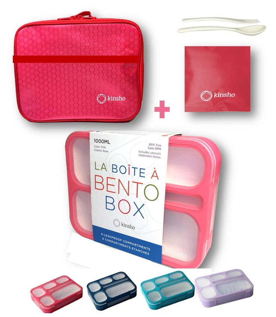 Bento Box with Lunch Bag and Ice Pack Set | Snack Containers Boxes for Kids Girls Adults | 6 Compartments Leakproof Portion Container Boxes Insulated Bags for School Lunches, BPA Free, Pink