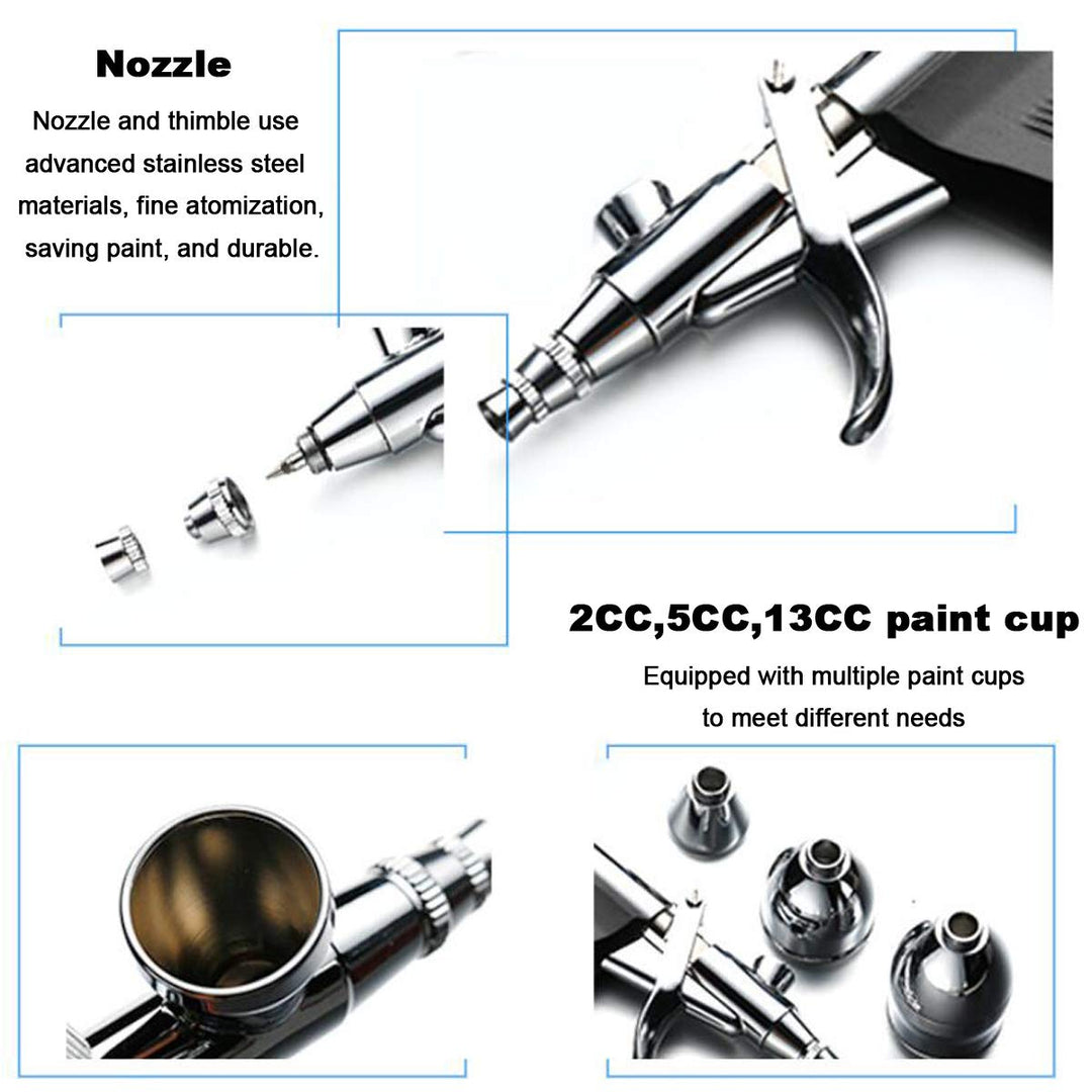 Double Action Airbrush Kit, Trigger Air Brush Spray Gun with 0.3, 0.2, 0.5mm Needles, 3 Sets Nozzles, Air Cap, 2cc/5cc/13cc Paint Cup, Air Hose, for Tattoo, Makeup, Nail, Model, Art Hobby