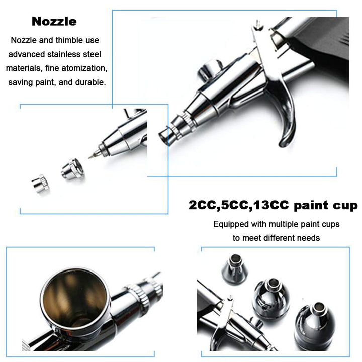 Double Action Airbrush Kit, Trigger Air Brush Spray Gun with 0.3, 0.2, 0.5mm Needles, 3 Sets Nozzles, Air Cap, 2cc/5cc/13cc Paint Cup, Air Hose, for Tattoo, Makeup, Nail, Model, Art Hobby