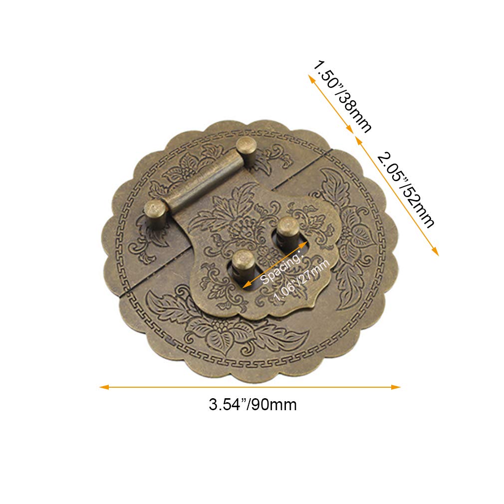 Antique Brass 3.54/9cm Round Embossing Brass Hasp Buckle Lock Latch Cabinet Box Furniture Hardware Hasp (Antique Bronze)