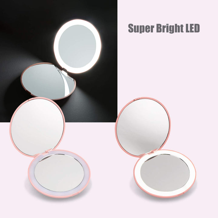 LED Compact Mirror, Lighted Travel Mirror, 10X Magnifying, Handheld, Double Sided, Portable Makeup Mirror for Pocket, Purse, Gift, Black, 3.5 inch Round