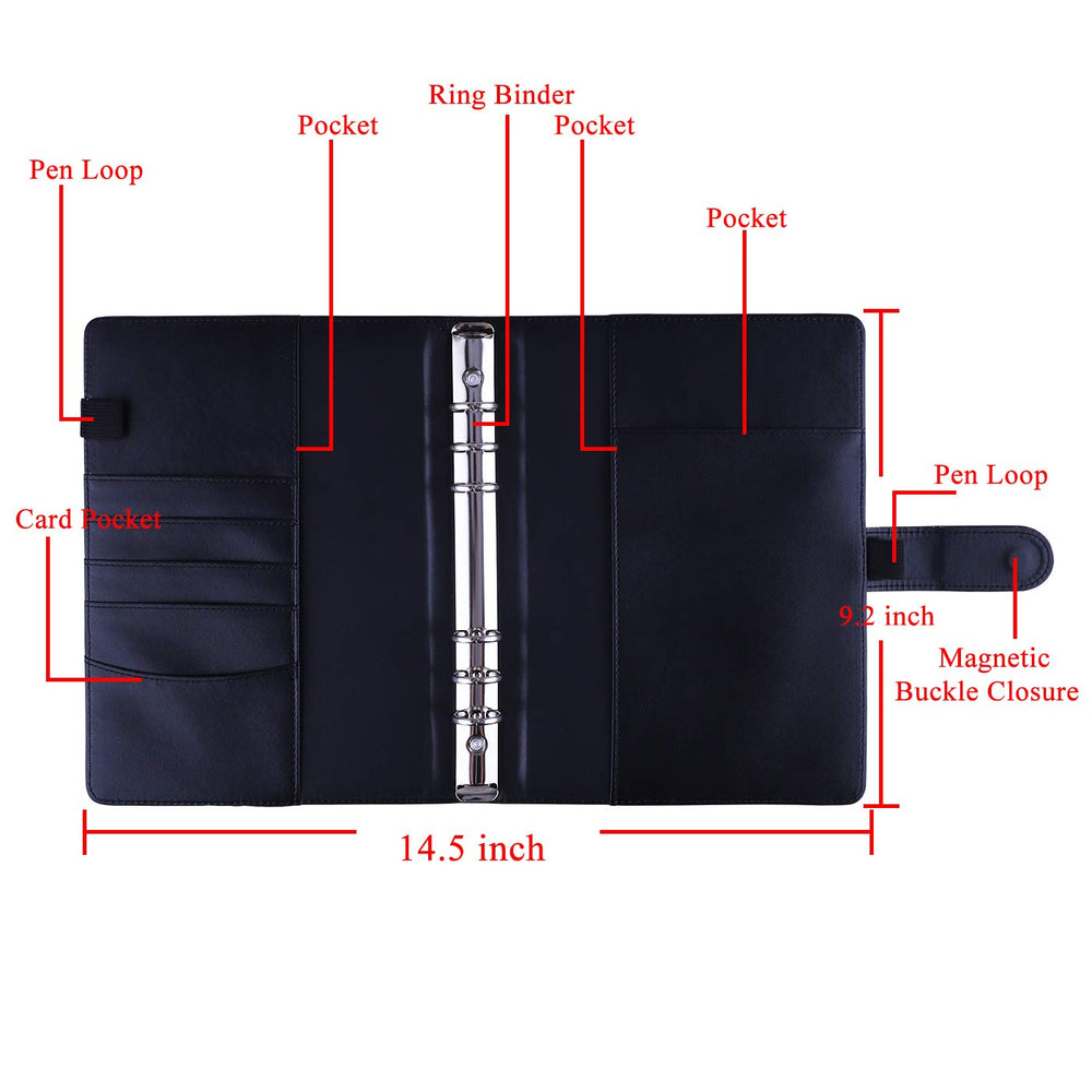 A5 PU Leather Binder 6 Ring Notebook Photocard Budget Binder Cover for A5 Refill Paper, Refillable Loose Leaf Personal Planner Organizer Binder with Magnetic Buckle, Black