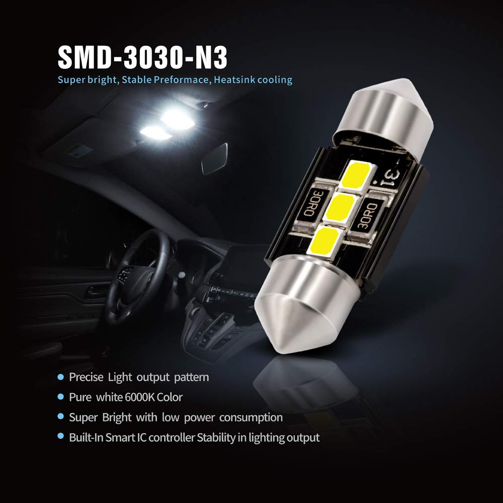N3 DE3175 LED bulbs Pure white Super Bright LED Festoon 300 Lumens 3030 Chipset for Car Truck Interiors Dome Map Door Courtesy Lights 1.25” 31MM Festoon Pack of 6 Bulbs
