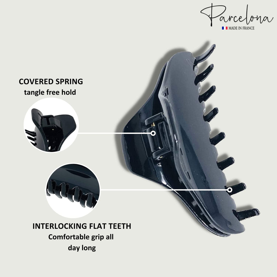 French Boss Thin Glossy Black Medium Covered Spring Jaw Hair Claw Clip Clutcher Clamp