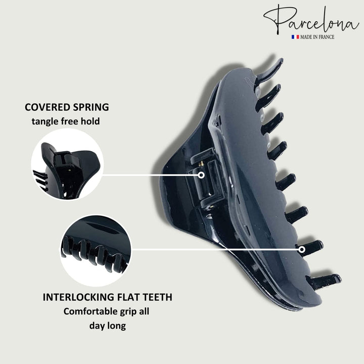 French Boss Thin Glossy Black Medium Covered Spring Jaw Hair Claw Clip Clutcher Clamp