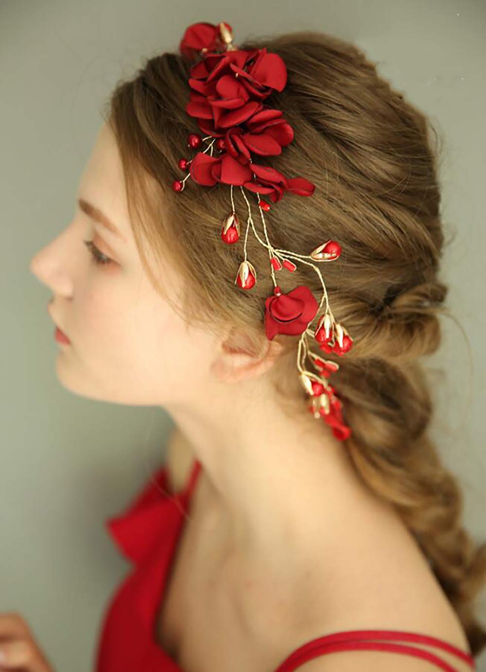 Wedding Bride Floral Red Headband Crystal Gold Hair Vine with Pearl Rhinestone Hair Accessory Boho Delicate Hair Piece Jewelry for Women and Girls