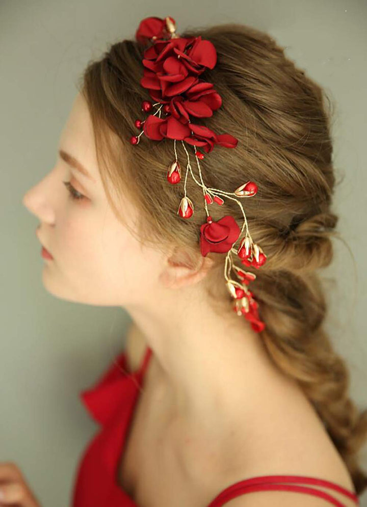 Wedding Bride Floral Red Headband Crystal Gold Hair Vine with Pearl Rhinestone Hair Accessory Boho Delicate Hair Piece Jewelry for Women and Girls