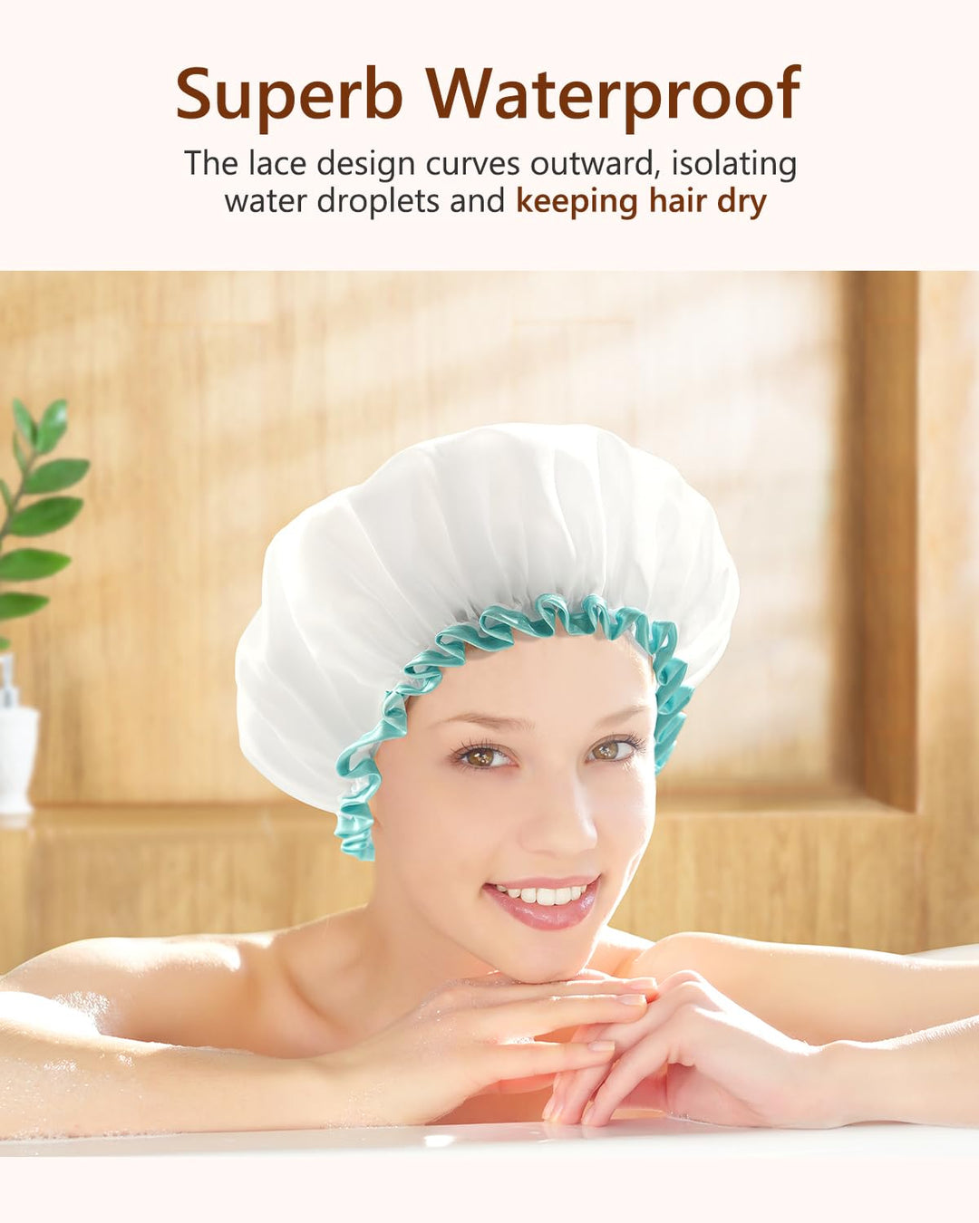Waterproof Mold Resistant Washable Shower Cap for Girls and Women Cute and Soft White