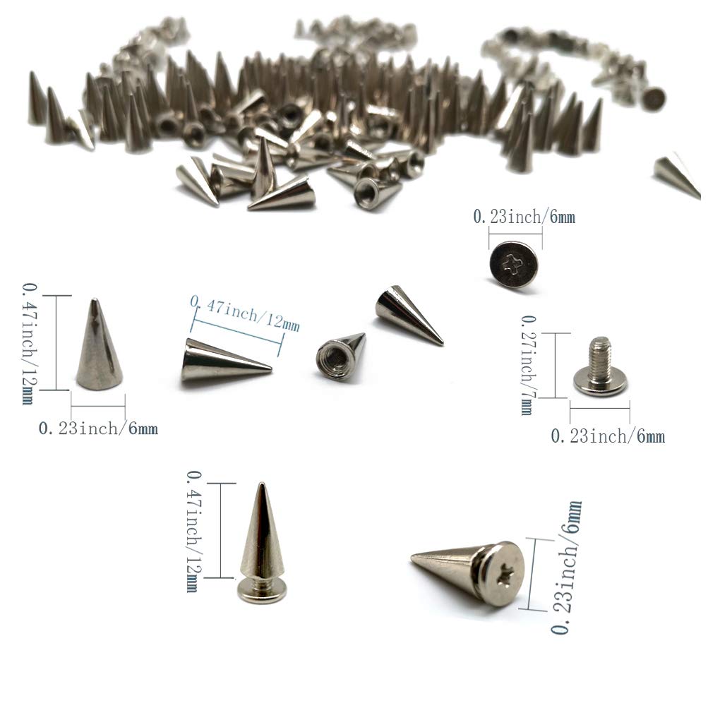 6x12MM Silver Cone Spikes Punk Rivets Screwback Studs Metal Bullet Spikes for Clothing DIY Leather Craft, Set of 120 by Baryuefull