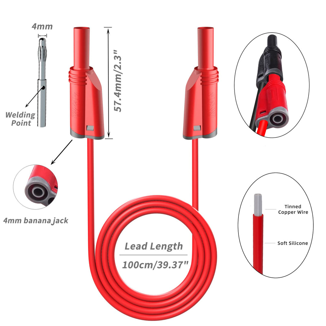 5PCS Banana Plug Silicone Test Leads Kit 4mm Fully Insulated Safety Shrouded Stackable Banana Plug with Alligator Crocodile Clips Test Fork Back Probe Pins for Multimeter