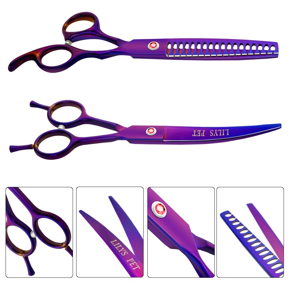Professional PET Dog Grooming Titanium Scissors Set,Straight & Curved & Thinning & Chunker Scissors with 1 Grooming Comb for Dog Cat and More Pets Grooming (Purple)