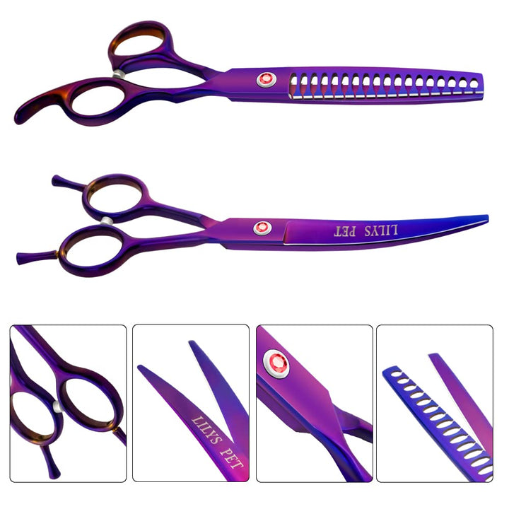 Professional PET Dog Grooming Titanium Scissors Set,Straight & Curved & Thinning & Chunker Scissors with 1 Grooming Comb for Dog Cat and More Pets Grooming (Purple)