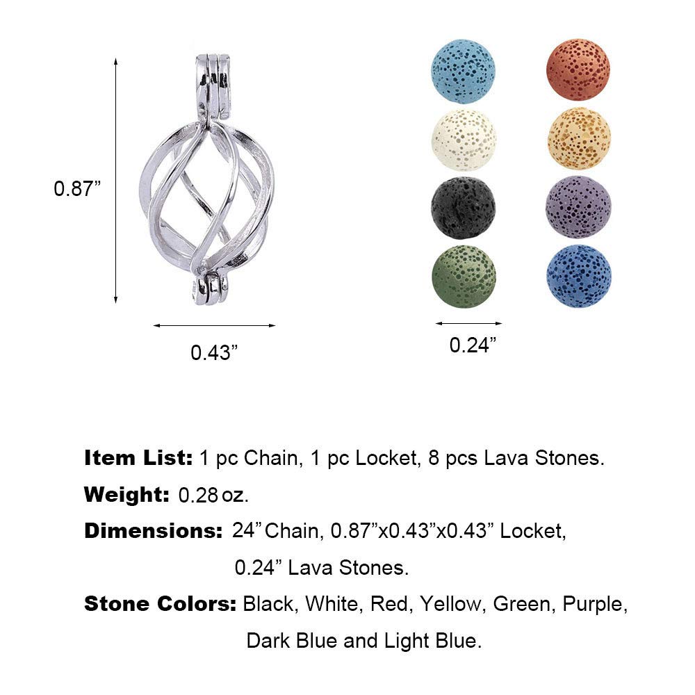 Essential Oil Diffuser Necklace Twisted Ball Aromatherapy Locket Pendant with 8 Lava Stone Balls 0.24'