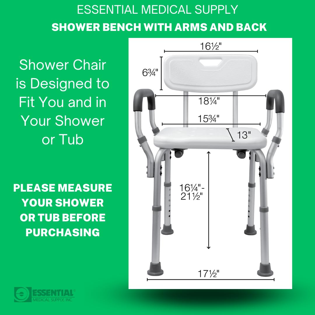 Height Adjustable Shower and Bath Bench with Padded Arms, Contoured Back and Textured Shower Chair Seat - Perfect for The Bath and Shower