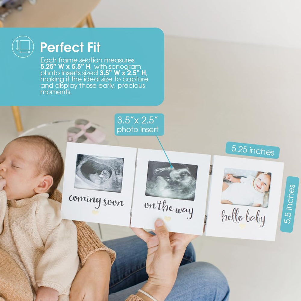 Triple Sonogram Keepsake Photo Frame, Gender Neutral Ultrasound Keepsake, Ideal Pregnancy Gift For First Time Moms, Baby Shower and Nursery Decor, 3.5”x2.5” Photo Insert, White