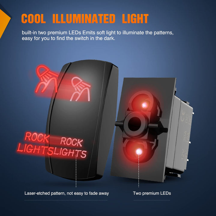 Rock Lights Rocker Switch Led Light Bar Switch 5Pin Laser On Off SPST switches 20A/12V 10A/24V Switch Red with Jumper Wires Set for Cars Trucks RVs