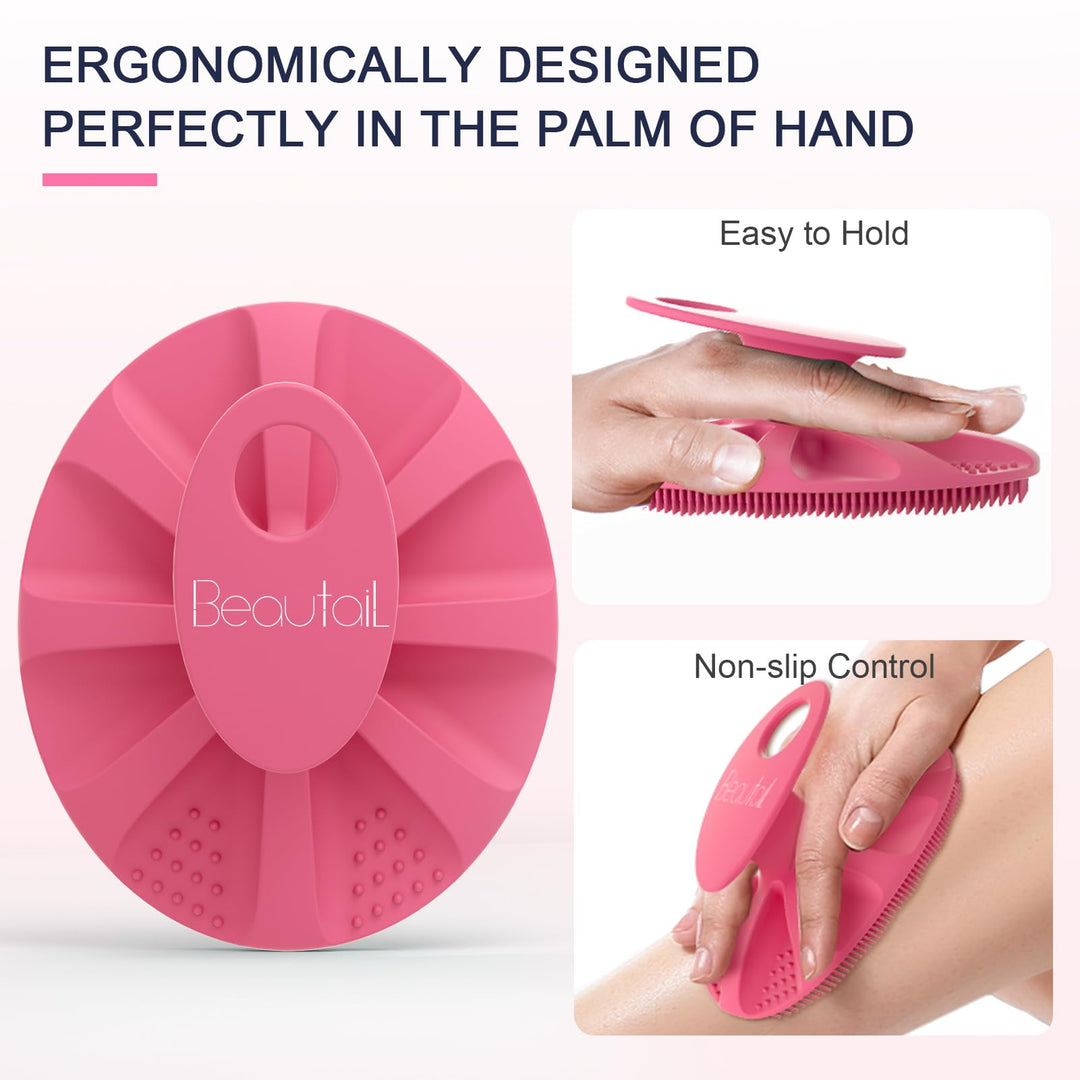 Silicone Body Scrubber Shower Bath Wash Brush Gentle Exfoliating Scrub Cleansing Loofah for Women Men Baby Sensitive Skin, Easy to Clean, Lather Nicely, More Hygienic, 1 Pack, Pink