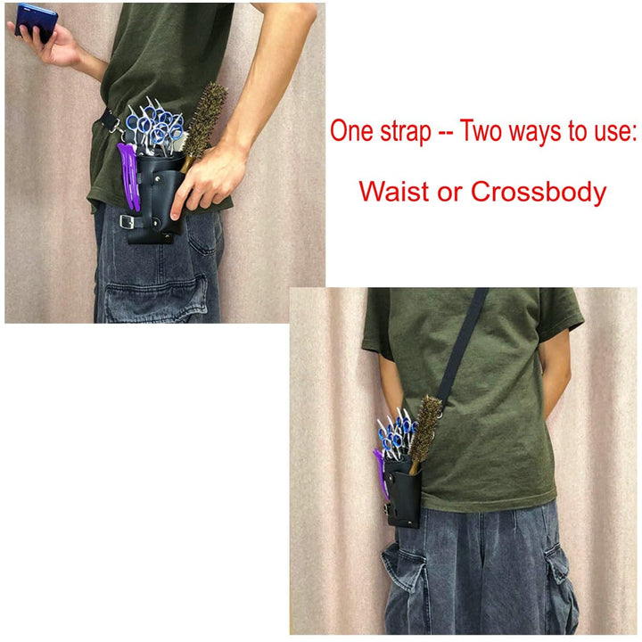 Black PU leather hairdressing scissors holder case holster pouch, hairdresser scissors belt bag, barber tool belt, salon hairdresser tool case bag for scissors combs, clippers, hair clips