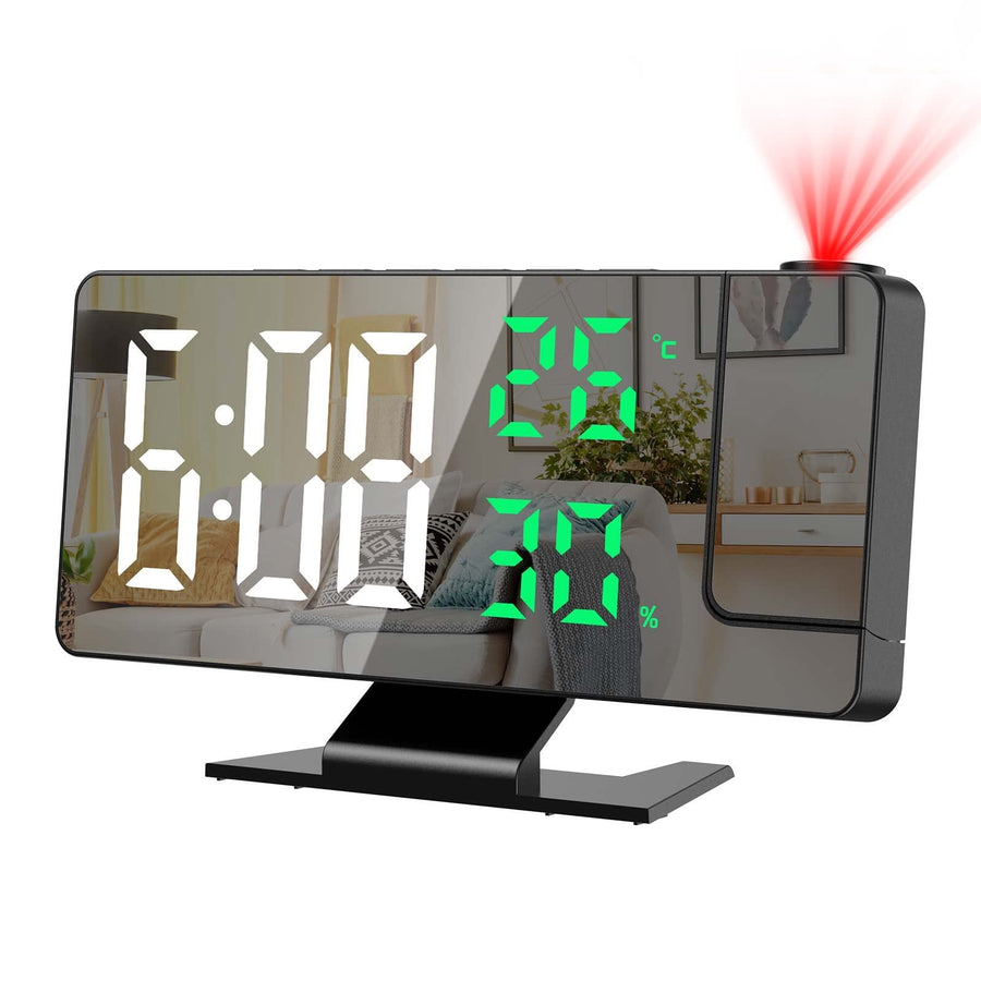 Projection Alarm Clock, LED Alarm Clock, 7.8 Mirror Display Bedroom Clock with 180° Rotatable Projector, Temperature Humidity Display, USB Charging Port, Snooze, Adjustable Brightness