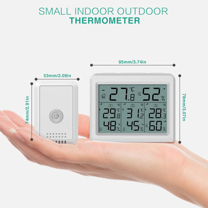 Indoor Outdoor Thermometer, Digital Hygrometer Thermometer, Wireless Temperature and Humidity Gauge Monitor with 3 Sensors, LCD Backlight for Home, Office, Bedroom, White