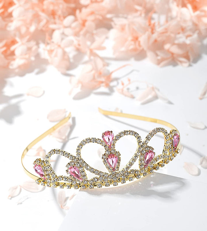 Pink Gems Rhinestone Gold Tiara Birthday Princess Party