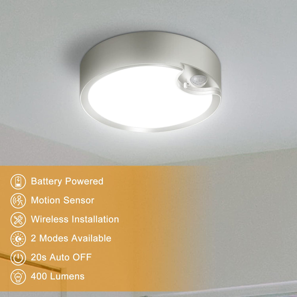 Motion Sensor Ceiling Light Battery Operated Battery Powered Ceiling Light with 400LM 6000K 7.8 inch Motion Activated Light for Closet Stair Hallway Shower Shed Garage Pantry Basement Porch