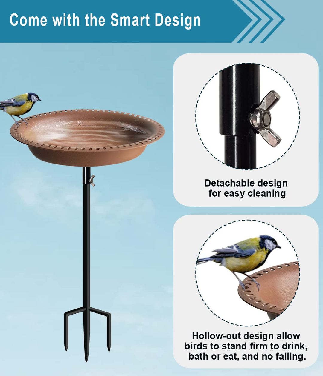 1-¼ Gallon Detachable Free Standing Garden Bird Bath Bird Feeder Bowl with Metal Stake for Outdoor, Bird Friendly Color - Deep Brown, 29 Inch