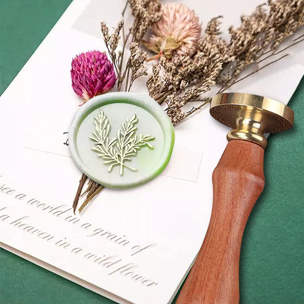 Wax Seal Stamp, Flower Sealing Wax Stamp with Removable Brass Head and Rosewood Handle, Retro Rosemary Leaves Seal Stamp for Wedding Envelopes Invitations