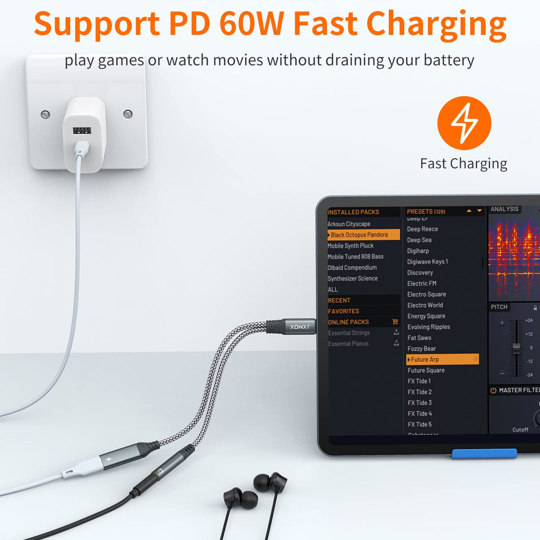 USB C to 3.5mm Headphone and Charger Adapter, 2-in-1 USB Type C to Aux Jack Dongle Cable with PD 60W Fast Charging for iPhone 15 16 Pro Max Plus, Samsung Galaxy S22 S23 S24 Ultra, Note 20, iPad Pro