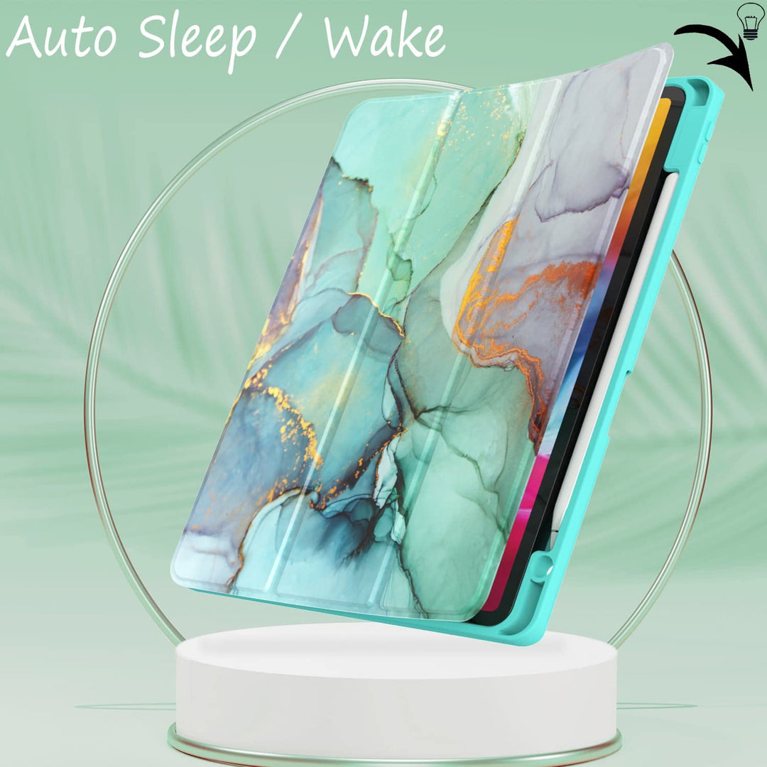 Case for iPad Air 5th/4th Generation Case, Slim Trifold iPad Air 5/4 Case 10.9 Inch 2022/2020 Soft TPU Back Cover with Pencil Holder & Auto Wake/Sleep for iPad Air 5th/4th Gen, Green Marble