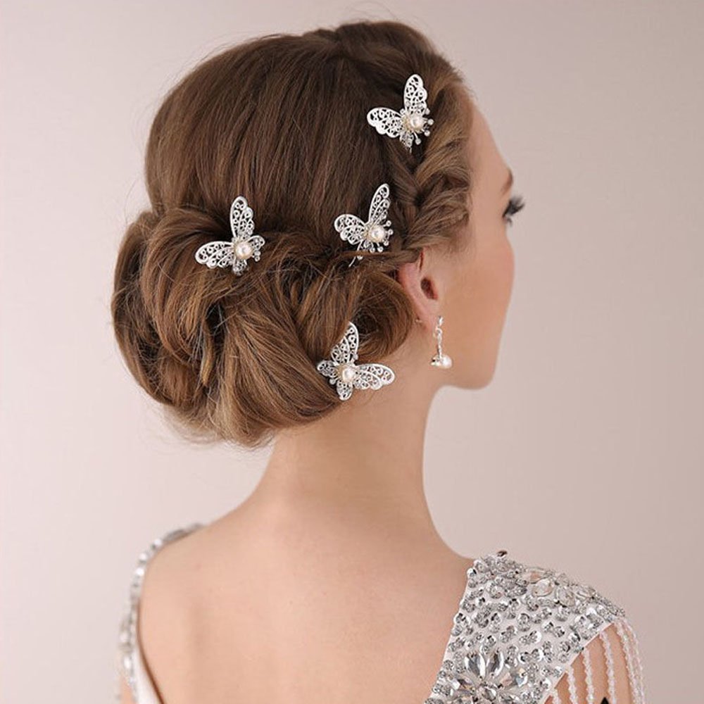 Pack of 20 Butterfly Pearl Crystal Hair Pin Bride Headwear Hair Accessories (Silver)