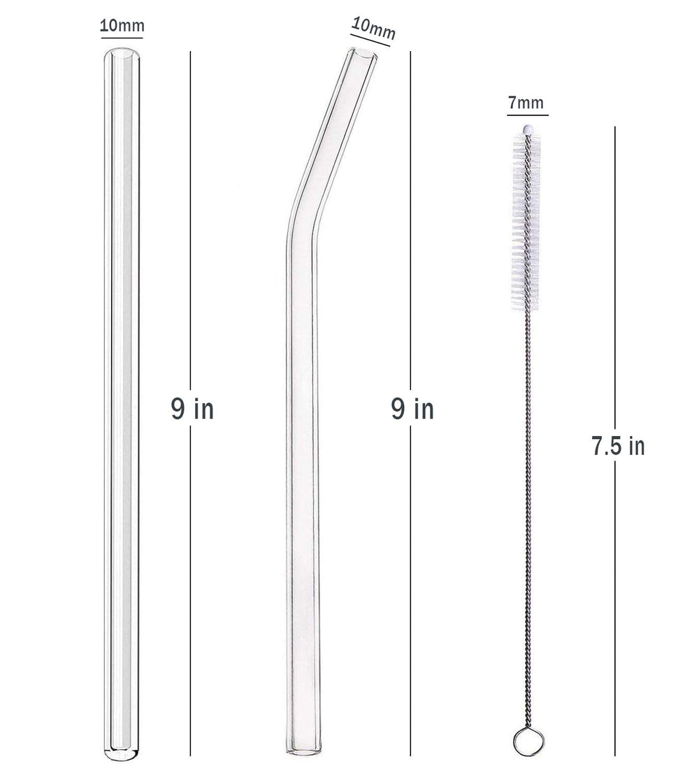 Alink Clear Glass Straws, 9 in X 10 mm Reusable Straight & Bent Smoothie Straws, Set of 4 with Cleaning Brush