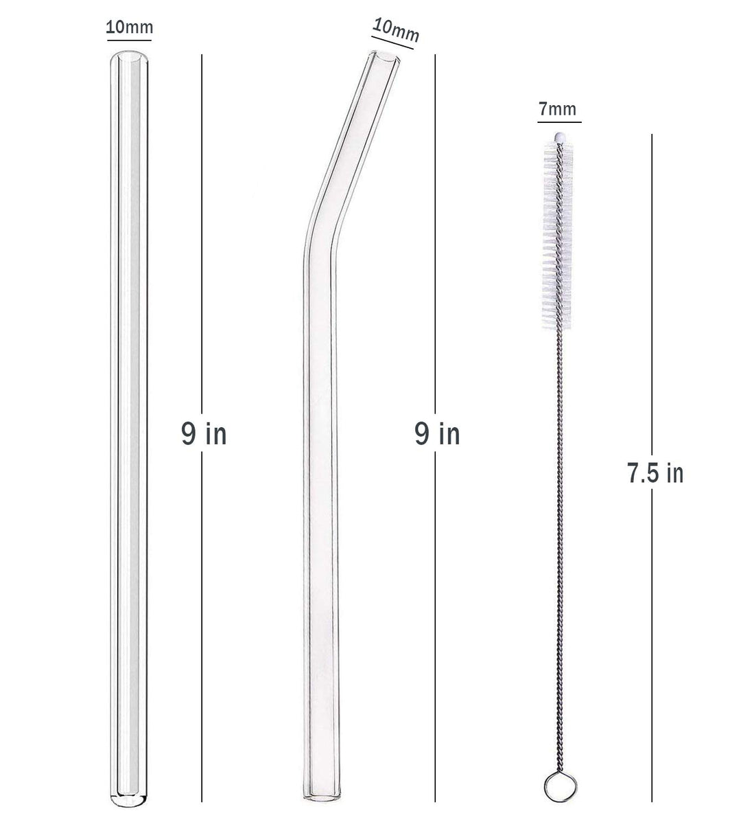 Alink Clear Glass Straws, 9 in X 10 mm Reusable Straight & Bent Smoothie Straws, Set of 4 with Cleaning Brush
