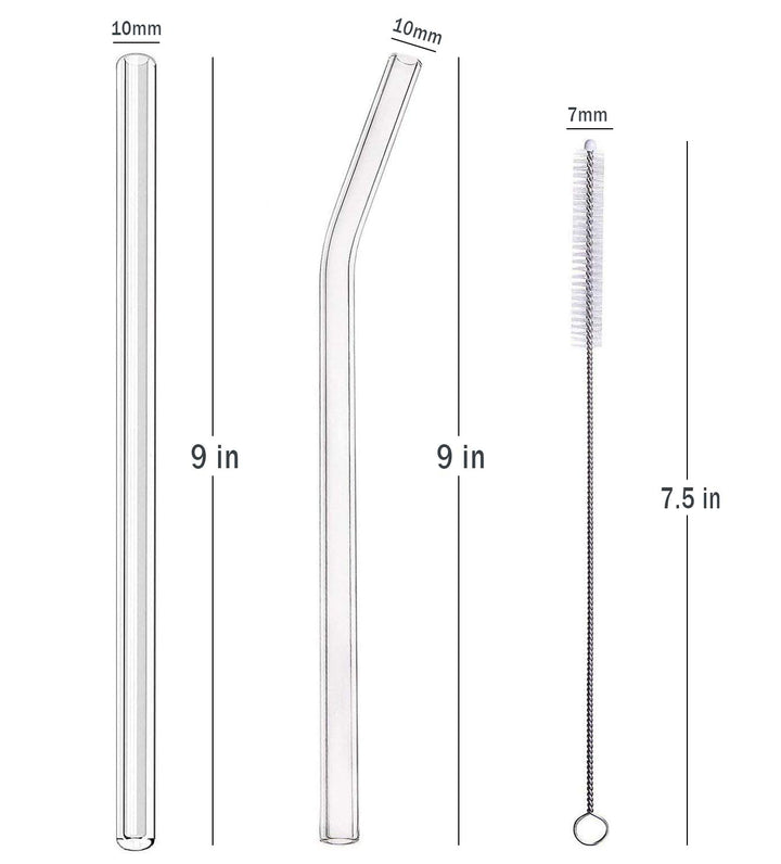 Alink Clear Glass Straws, 9 in X 10 mm Reusable Straight & Bent Smoothie Straws, Set of 4 with Cleaning Brush