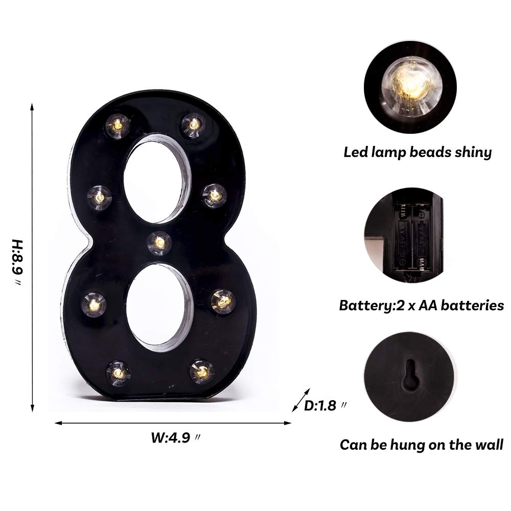 Black LED Marquee Number Lights Sign Light Up Marquee Number Lights Sign for Night Light Wedding Birthday Party Battery Powered Christmas Lamp Home Bar Decoration