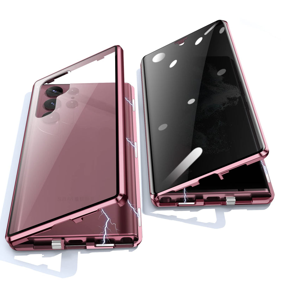 Anti Peeping Case for Samsung Galaxy S22 Ultra, 360 Degree Front and Back Privacy Tempered Glass Cover, Anti SPY Screen and Magnetic Adsorption Metal Bumper (Burgundy)