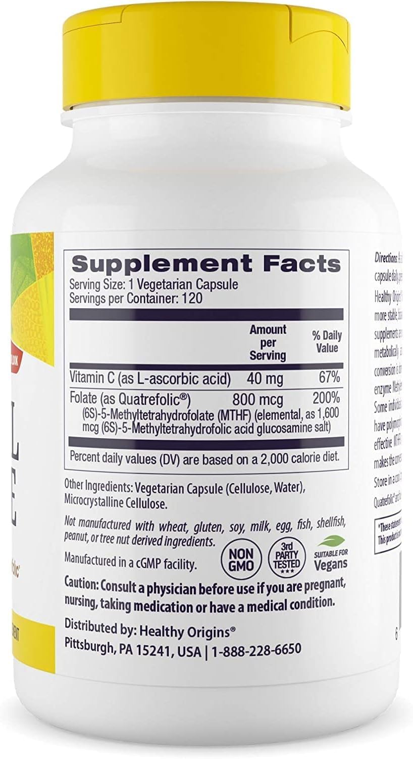 Methyl Folate 800 mcg (Quatrefolic, Non-GMO, Bioavailable Folate, Gluten Free, Neurotransmitter Support), 120 Veggie Caps
