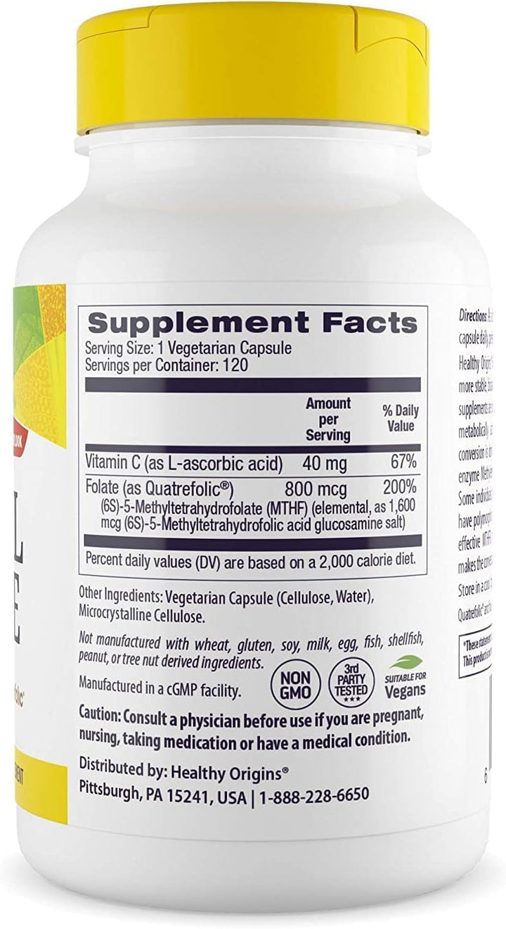 Methyl Folate 800 mcg (Quatrefolic, Non-GMO, Bioavailable Folate, Gluten Free, Neurotransmitter Support), 120 Veggie Caps