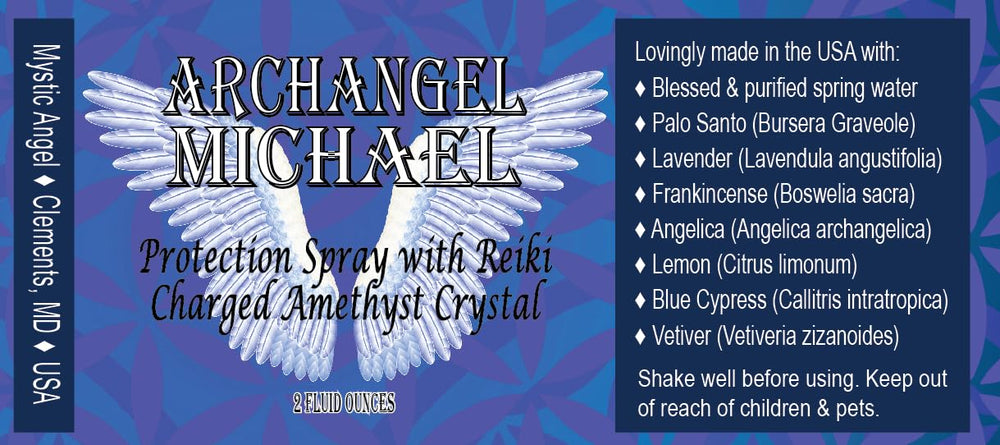 Archangel Michael Sacred Spray with Reiki Charged Amethyst Crystal (2 oz) - High Frequency Essential Oil Blend Includes Palo Santo, Angelica & Blue Cypress in Glass Bottle