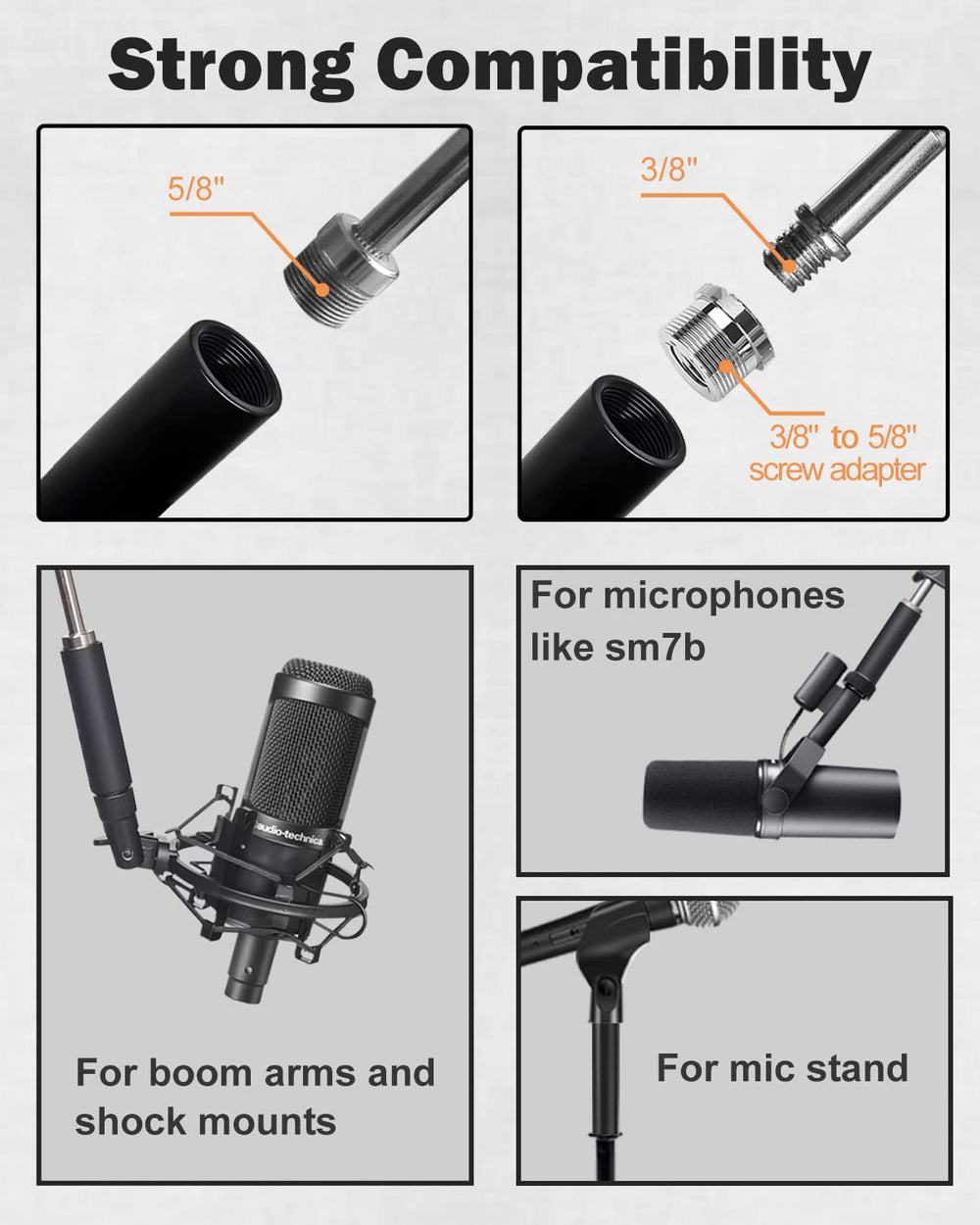 Mic Stand Extension Tube, 5/8 Female to 5/8 Male Microphone Extension Pipe Microphone Stand Extender with 2 Screw Aadpters for Desk Boom Arm Stands, 2Pcs