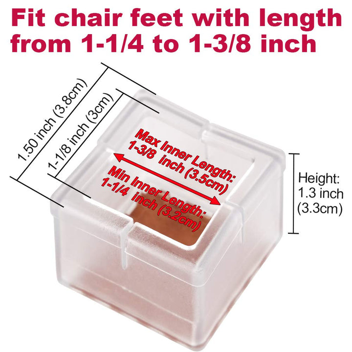 Chair Leg Floor Protectors Square Furniture Leg Caps 1 1/4 to 1 3/8” with Felt Pads Clear (16 Pack)