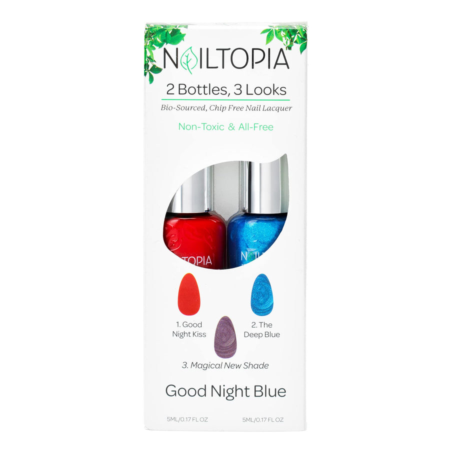 - 2 Bottles, 3 Looks Plant-Based Chip Free Nail Lacquer Kit - Non Toxic, Bio-Sourced, Long-Lasting, Strengthening Polish - Good Night Blue (Red With Blue Undertones And Blue Shimmer) - 2 Pc