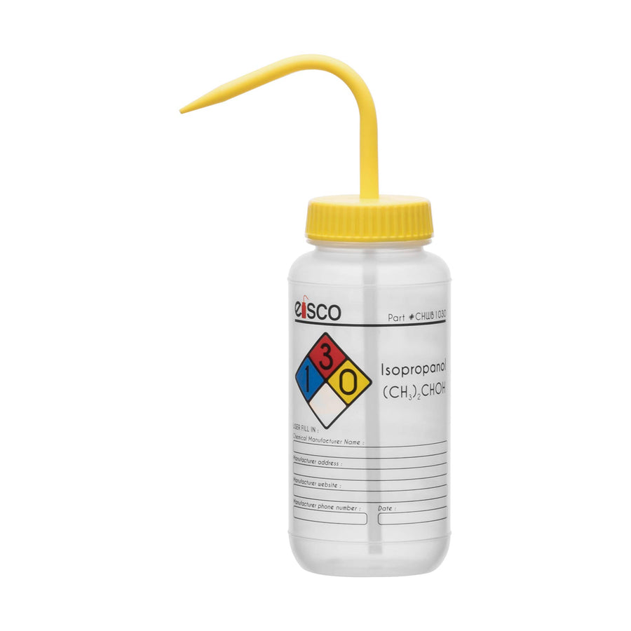 Wash Bottle for Isopropanol, 500ml - Labeled with Color Coded Chemical & Safety Information (4 Colors) - Wide Mouth, Self Venting, Low Density Polyethylene Labs