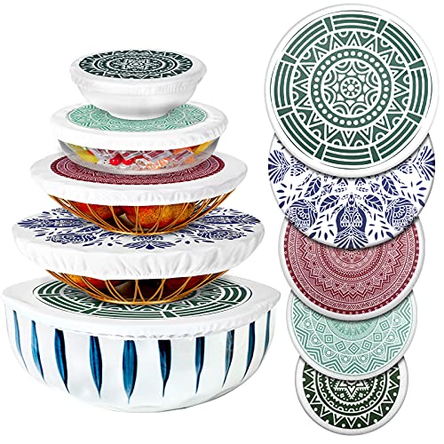 10 Pieces Bowl Covers Reusable in 5 Size Stretch Cloth Fabric Bowl Covers Elastic Food Storage Covers Cotton Bread Bowl Covers Reusable Lids for Food, Fruits, Leftover (Rustic Style)